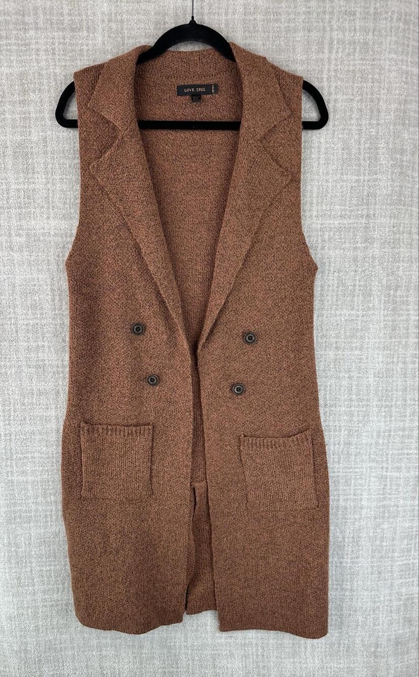 Love Tree Sweater Womens M Brown Collared Sleeveless Chunky-Knit Vest Pockets